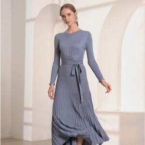 Fincati Cashmere Wool Knit Long Sleeve Pleated A-line Blue Midi Dress Size Small